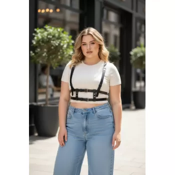 Büyük Beden Siyah Kadın Kemer Deri Harness Görünümlü Ayarlanabilir Vücut Aksesuarı - APFT941