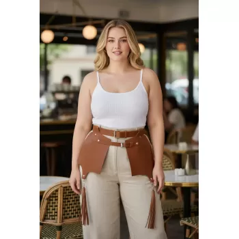 Büyük Beden Taba Kadın Deri Kemer, Korse ve Püskül Detaylı Harness - APFT985