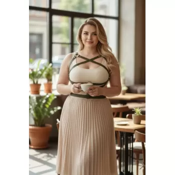 Büyük Beden Haki Kadın Kemer Elbise Üstü Deri Vücut Aksesuarı - APFT991