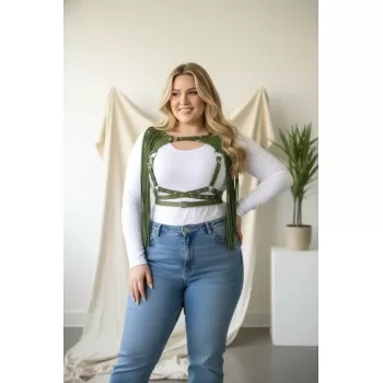 Büyük Beden Haki Kadın Deri Kemer Püsküllü Vücut Aksesuarı - APFT999