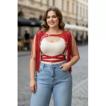 Büyük Beden Kırmızı Kadın Kemer Püsküllü Deri Harness Vücut Aksesuarı - APFT999