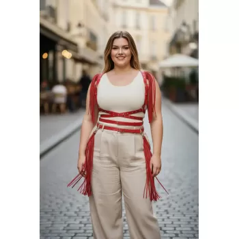 Büyük Beden Kırmızı Kadın Kemer Püskül Detaylı Deri Vücut Aksesuarı - APFT1005