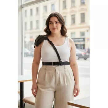 Büyük Beden Siyah Kadın Kemer, Omuz Harness Detaylı Hakiki Deri Kombin Aksesuarı - APFT1033