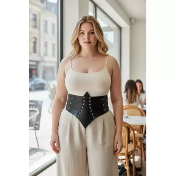 Büyük Beden Siyah Kadın Kemer Zımba Detaylı Geniş Korsaj Tasarım - APFT1087