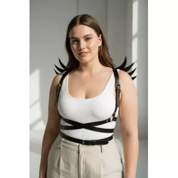 Büyük Beden Siyah Kadın Kemer Kanat Detaylı Deri Harness Vücut Aksesuarı - APFT1097