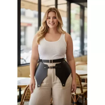 Büyük Beden Siyah Kadın Kemer Korse Tarzı Altın Tokalı Kombin Tamamlayıcı - APFT1119