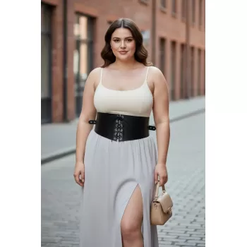 Büyük Beden Siyah Kadın Kemer Bağcıklı Korse Detaylı Elbise Kombin - APFT1127