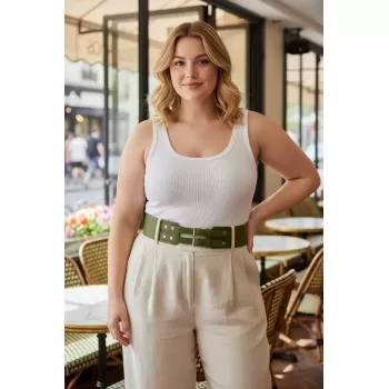 Büyük Beden Haki Kadın Kemer, Geniş Formlu Çift Tokalı Kombin Tamamlayıcı - APFT1203