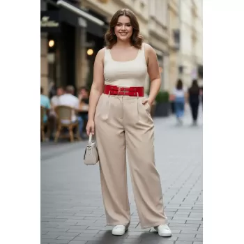 Büyük Beden Kırmızı Kadın Geniş Kemer Çift Tokalı Deri Kombin Tamamlayıcı - APFT1203