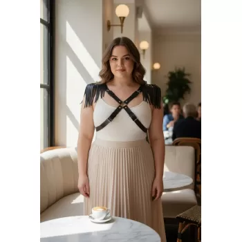 Büyük Beden Siyah Kadın Kemer Deri Harness Vücut Aksesuarı Omuz Püskül Detaylı - APFT1240