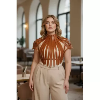 Büyük Beden Taba Kadın Kemer Omuzdan Askılı Zımba Detaylı Korse Tasarım - APFT1257