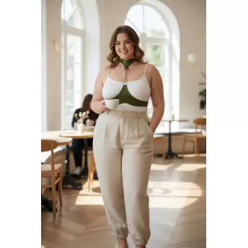 Büyük Beden Haki Kadın Kemer Deri Harness Zincir Detaylı Vücut Aksesuarı - APFT1265