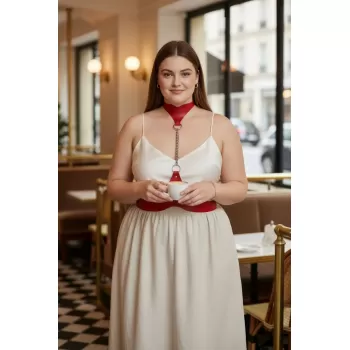 Büyük Beden Kırmızı Kadın Kemer Zincir Detaylı Deri Vücut Aksesuarı - APFT1265