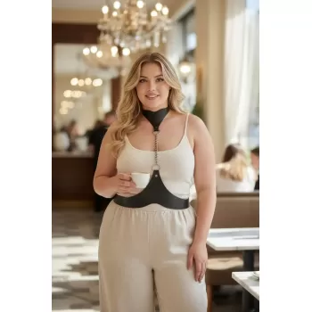 Büyük Beden Siyah Kadın Deri Vücut Kemeri Zincir Detaylı Kombin Aksesuarı - APFT1265