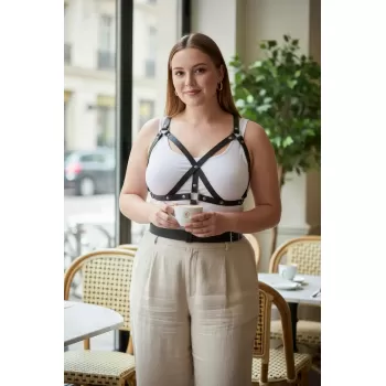 Büyük Beden Siyah Kadın Kemer Harness Detaylı Deri Vücut Aksesuarı - APFT1294