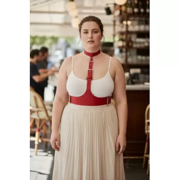 Büyük Beden Kırmızı Kadın Kemer Askılı Korse Stil Deri Aksesuar - APFT1297