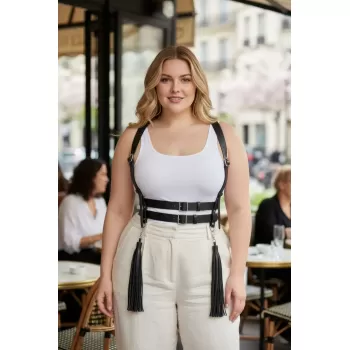 Büyük Beden Siyah Kadın Kemer Askılı Korse Tarzı Püskül Detaylı Deri Vücut Aksesuarı - APFT1393