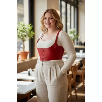 Büyük Beden Kırmızı Kadın Kemer Bağcıklı Deri Korse Harness - APFT1428