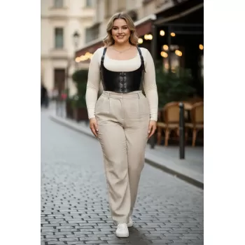 Büyük Beden Siyah Kadın Kemer Bağcıklı Korse Detaylı Deri Görünümlü - APFT1428