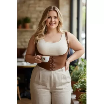 Büyük Beden Taba Kadın Kemer Omuz Askılı Bağlamalı Deri Korse - APFT1428