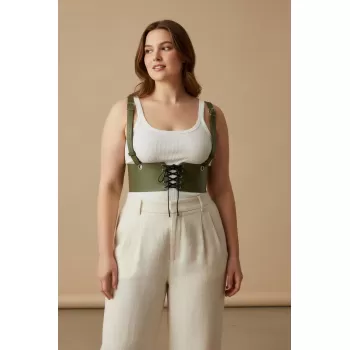 Büyük Beden Haki Kadın Kemer Omuz Askılı Bağlamalı Korse Stili - APFT1429