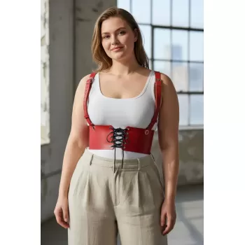 Büyük Beden Kırmızı Kadın Deri Askılı Korse Kemer Bağcıklı Model - APFT1429