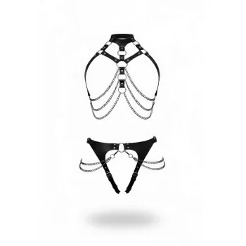 Siyah Harness Takım Zincir Detaylı Halkalı Vücut Aksesuarı - APFT1387
