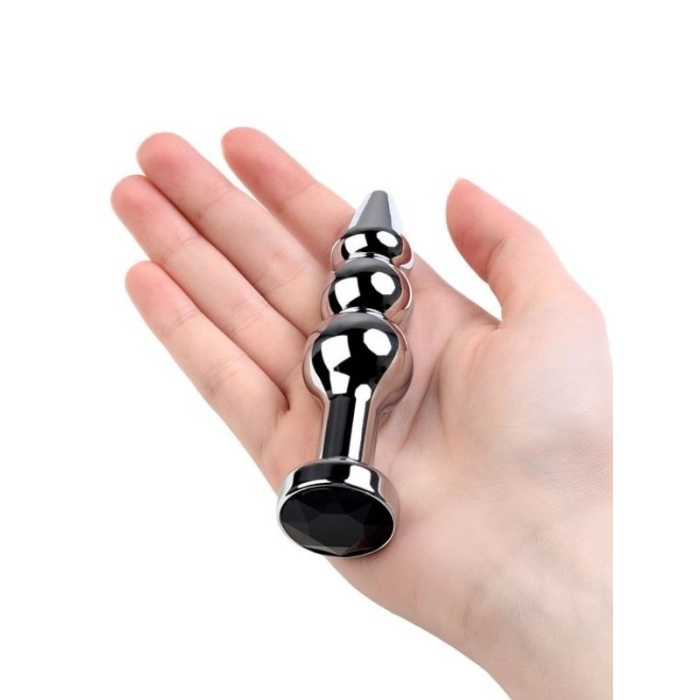 Anal Plug Metal Gümüş Siyah Kristalli 11 Cm
