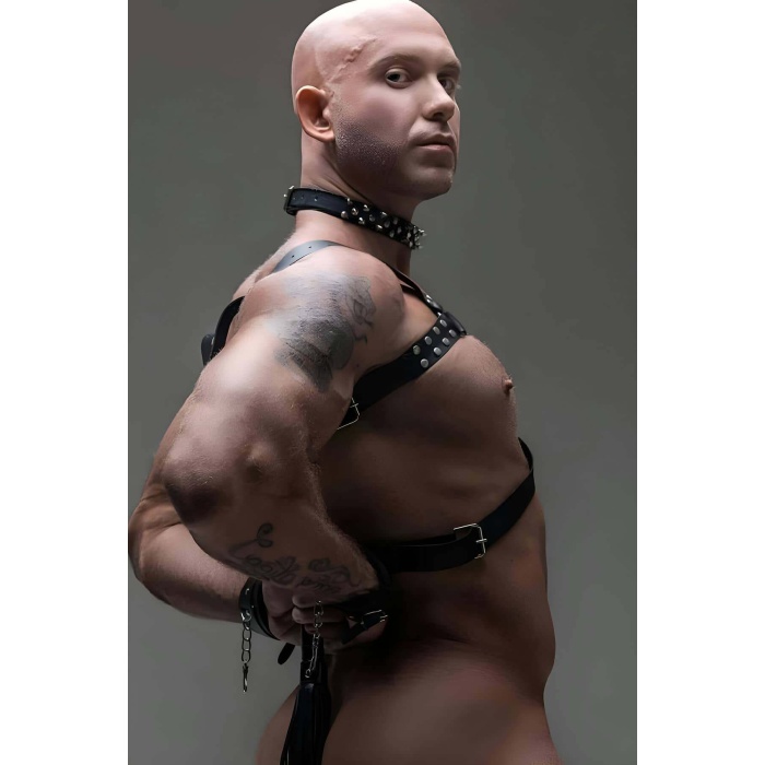 Erkek Fantazi Giyim Harness Takım Çivili Choker Kırbaç