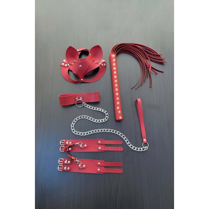 Kırmızı Fantezi Set Kırbaç Kelepçe Tasma Maske Takım