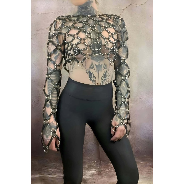 Çapraz Uzun Kollu Deri Crop Bağlamalı Büstiyer Harness