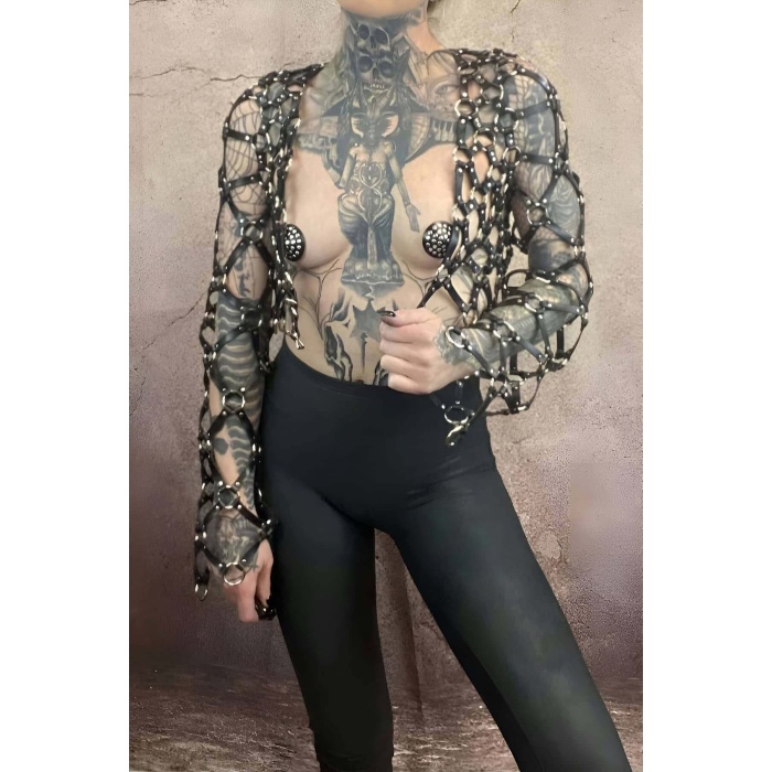 Çapraz Uzun Kollu Deri Crop Bağlamalı Büstiyer Harness