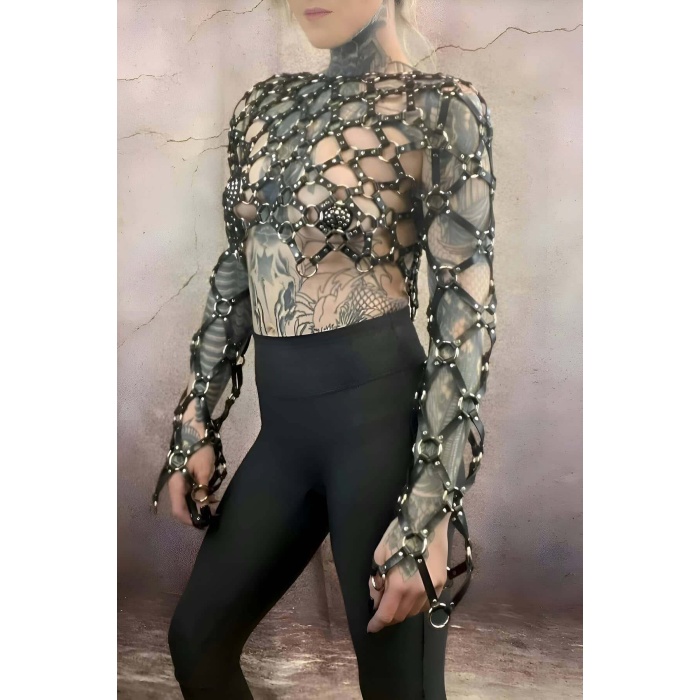 Çapraz Uzun Kollu Deri Crop Bağlamalı Büstiyer Harness