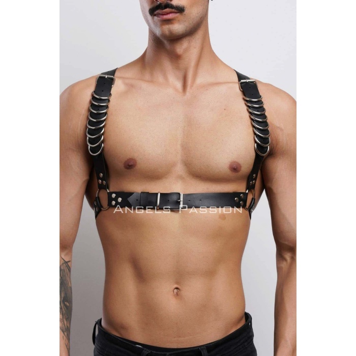 D Halka Detaylı Şık Erkek Göğüs Harness Erkek Deri T Shirt Üzeri Aksesuar