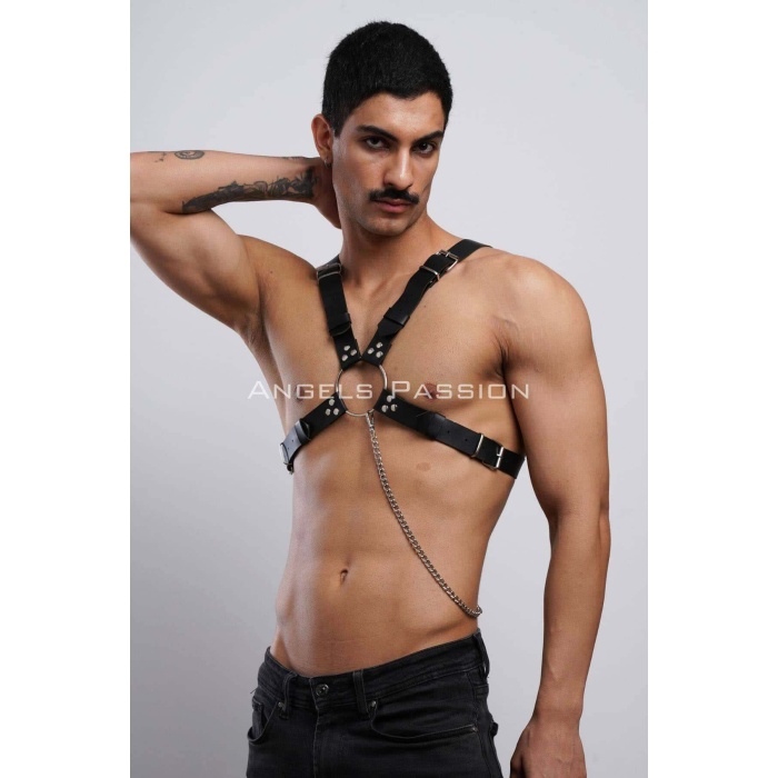 Zincir Detaylı Deri Erkek Göğüs Harness Partywear Clubwear