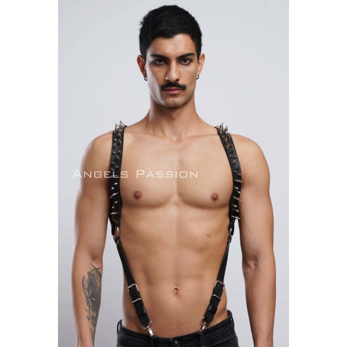 Çivi Detaylı Erkek Göğüs Harness Erkek Clubwear Deri Erkek Harness