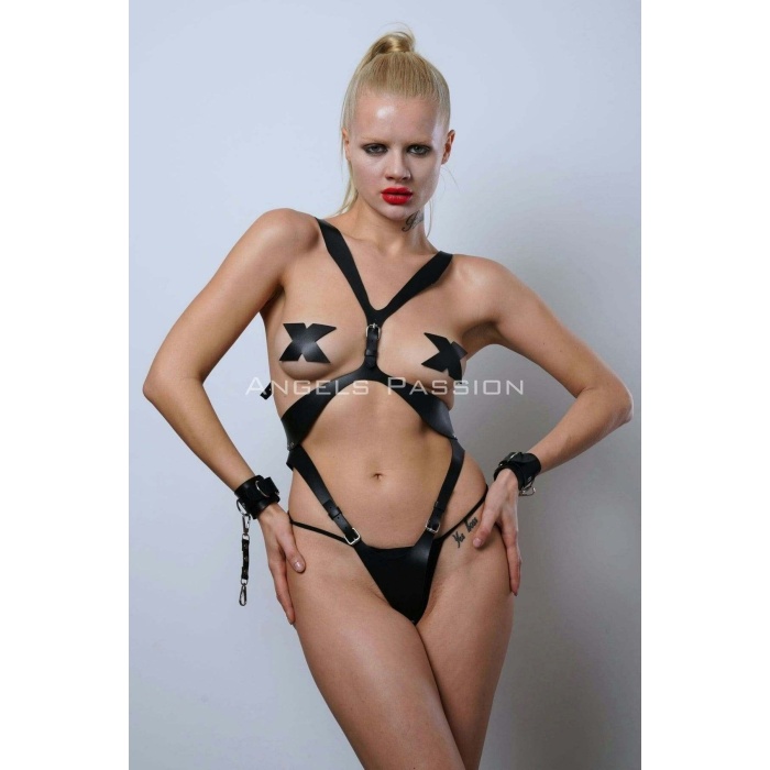 Kelepçeli Full Body Harness Set Deri Fantezi İç Giyim Bayan İç Giyim