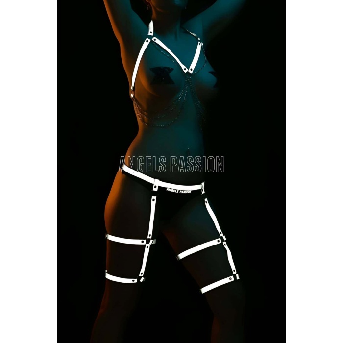 Erotik Giyim Dans Elbise Reflektörlü Jartiyer Harness Takım