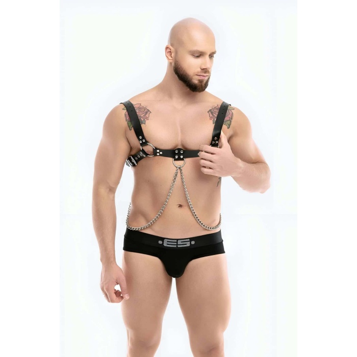 Zincir Detaylı Şık Erkek Deri Bulldog Göğüs Harness