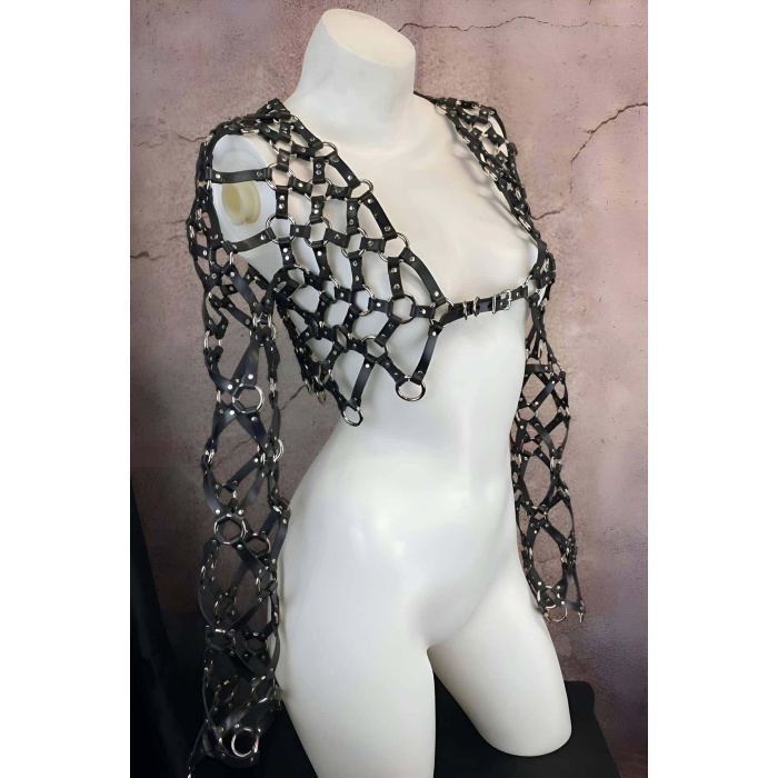 Çapraz Uzun Kollu Deri Crop Bağlamalı Büstiyer Harness