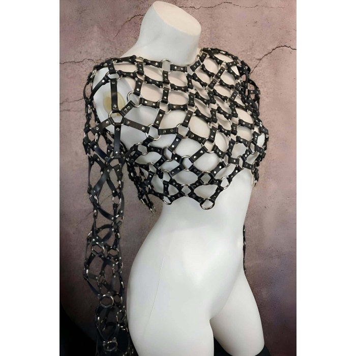 Çapraz Uzun Kollu Deri Crop Bağlamalı Büstiyer Harness