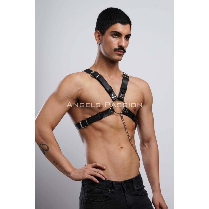 Zincir Detaylı Deri Erkek Göğüs Harness Partywear Clubwear