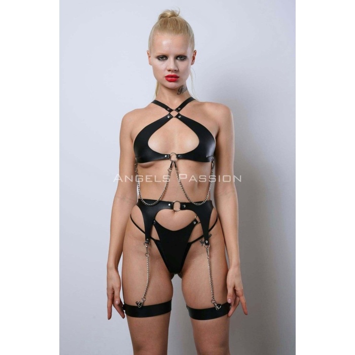 Deri Fantezi İç Giyim Takım Şık Deri Harness Set Club Wear