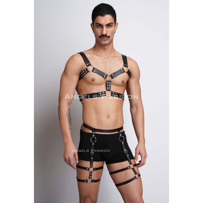 Erkek Deri Göğüs ve Bacak Harness Takım
