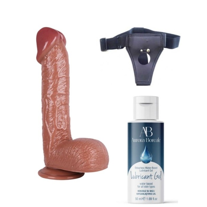 Censan Belden Bağlamalı Kayganlaştırıcı Set Noctis 34cm Kahverengi Dildo No:72