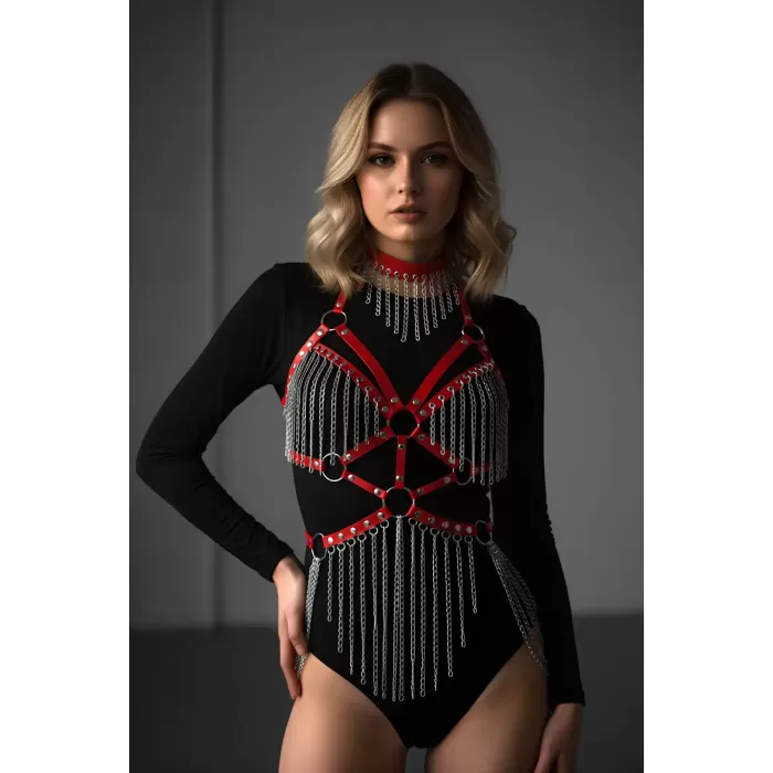 Deri ve Zincir Detaylı Harness Takım, Deri Dansçı Kostüm, Choker Detaylı Deri Harness - APFT1397