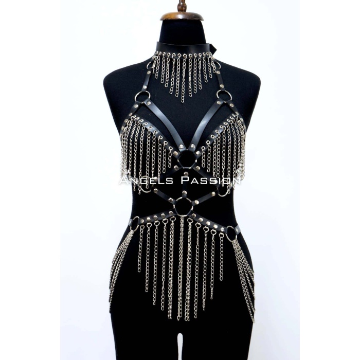 Deri ve Zincir Detaylı Harness Takım, Deri Dansçı Kostüm, Choker Detaylı Deri Harness - APFT1397