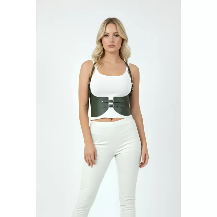 Haki Renk Kalın Kadın Kemeri, Deri Kemer Harness - APFT605