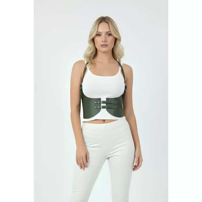 Haki Renk Kalın Kadın Kemeri, Deri Kemer Harness - APFT605