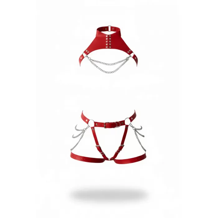 Kırmızı Jartiyer Harness Zincir Detaylı Deri Vücut Takımı - APFT1369